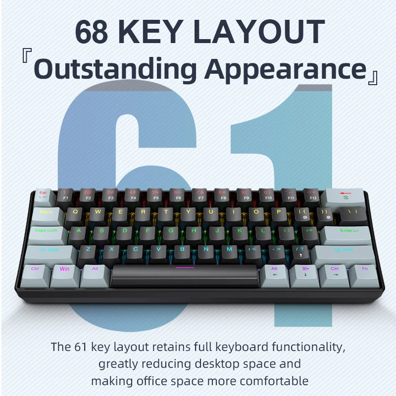 Mechanical keyboard with 68 key layout on a light blue background